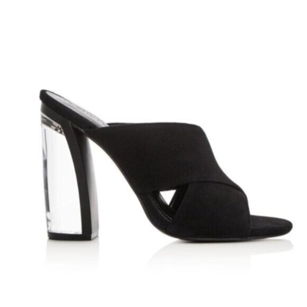 REVOLVE Kendall & Kylie Mules heels Criss Cross Lucite Acrylic Clear Suede 6